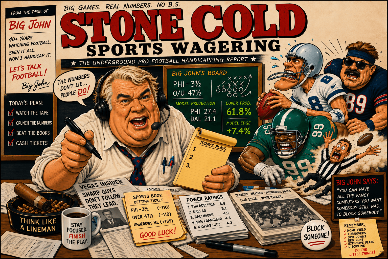 Vintage illustrated Stone Cold Sports Wagering front page featuring Big John at his desk, a football chalkboard, players, betting slips, and newspaper clippings.